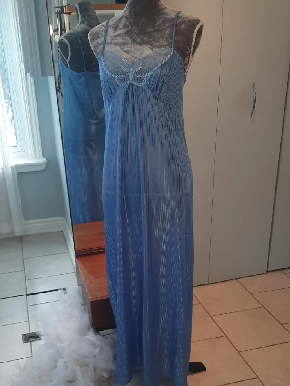 🦋COORD SET🦋BUTTERFLY Light Blue VINTAGE Negligee+Wrap Robe Self-Tie Belt Sz M - Picture 9 of 11
